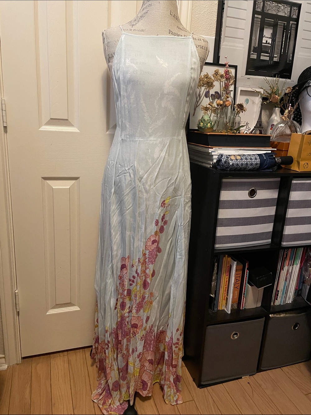 Free People Pale Blue Floral Maxi Slip Dress with Pink and Yellow Accents